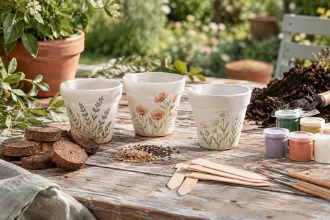 Trois pots blancs décorés à l’aquarelle avec substrat coco, graines de fleurs et étiquettes en bambou