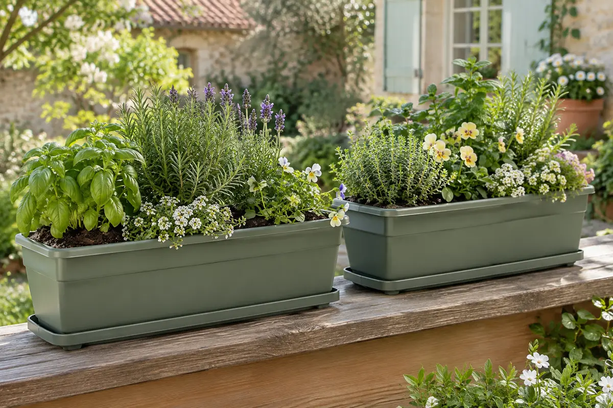 Deux jardinières rectangulaires vertes avec bases amovibles, plantées d’herbes aromatiques sur une terrasse.