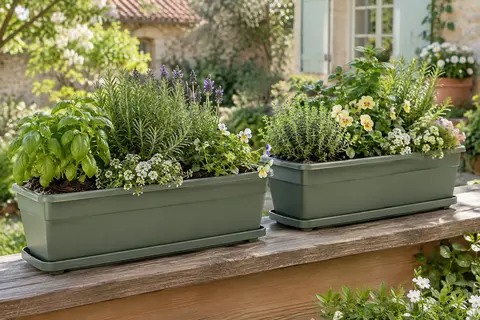 Deux jardinières rectangulaires vertes avec bases amovibles, plantées d’herbes aromatiques sur une terrasse.
