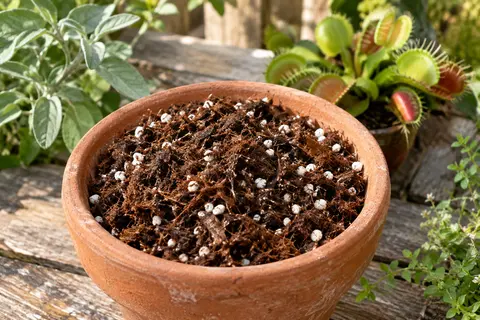 Mélange sombre de tourbe blonde et de perlite dans un pot en terre cuite près d’une Dionaea.
