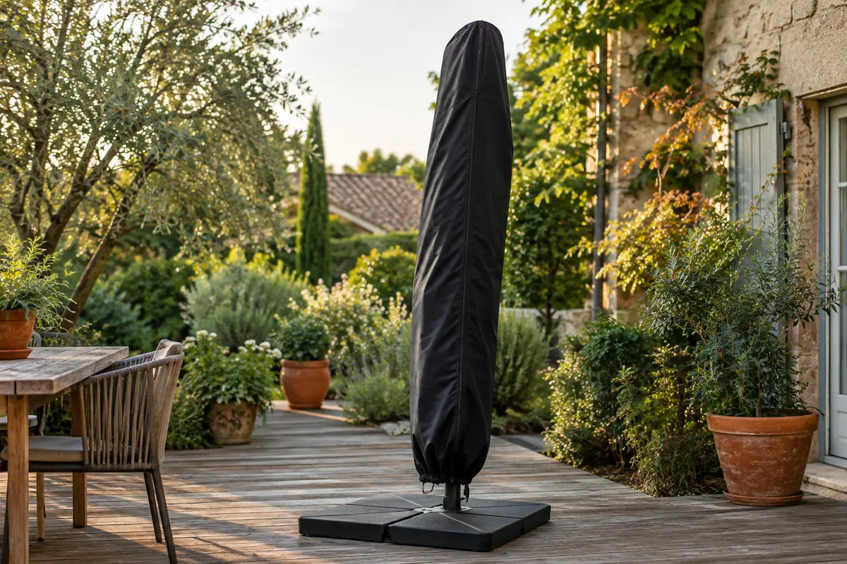 Housse noire zippée couvrant un parasol déporté replié dans un jardin à la lumière douce