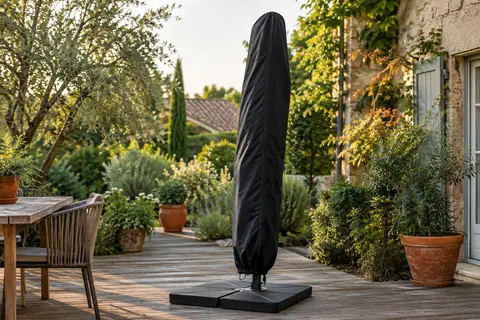 Housse noire zippée couvrant un parasol déporté replié dans un jardin à la lumière douce
