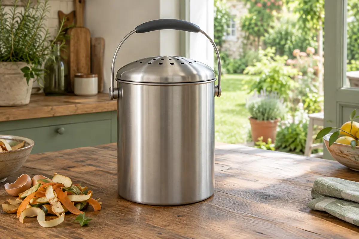 Seau à compost de cuisine en inox mat avec couvercle en dôme et poignée, posé près d’un jardin verdoyant.