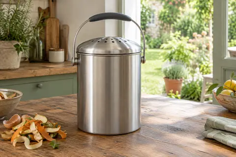 Seau à compost de cuisine en inox mat avec couvercle en dôme et poignée, posé près d’un jardin verdoyant.