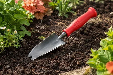 Truelle de jardin rouge à lame dentelée en acier au carbone posée près d’un massif de terre sombre.