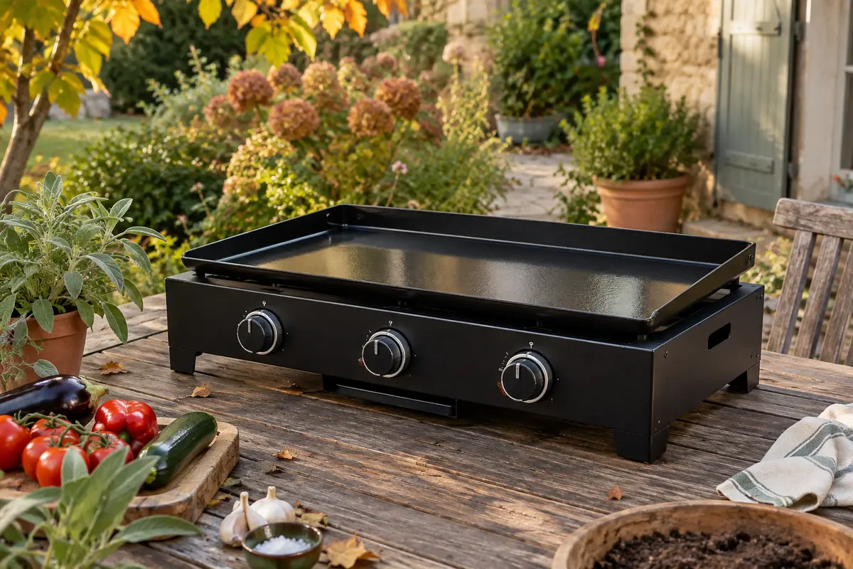 Plancha à gaz noire à trois brûleurs avec plaque émaillée, installée sur une terrasse de jardin.