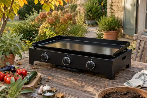 Plancha à gaz noire à trois brûleurs avec plaque émaillée, installée sur une terrasse de jardin.