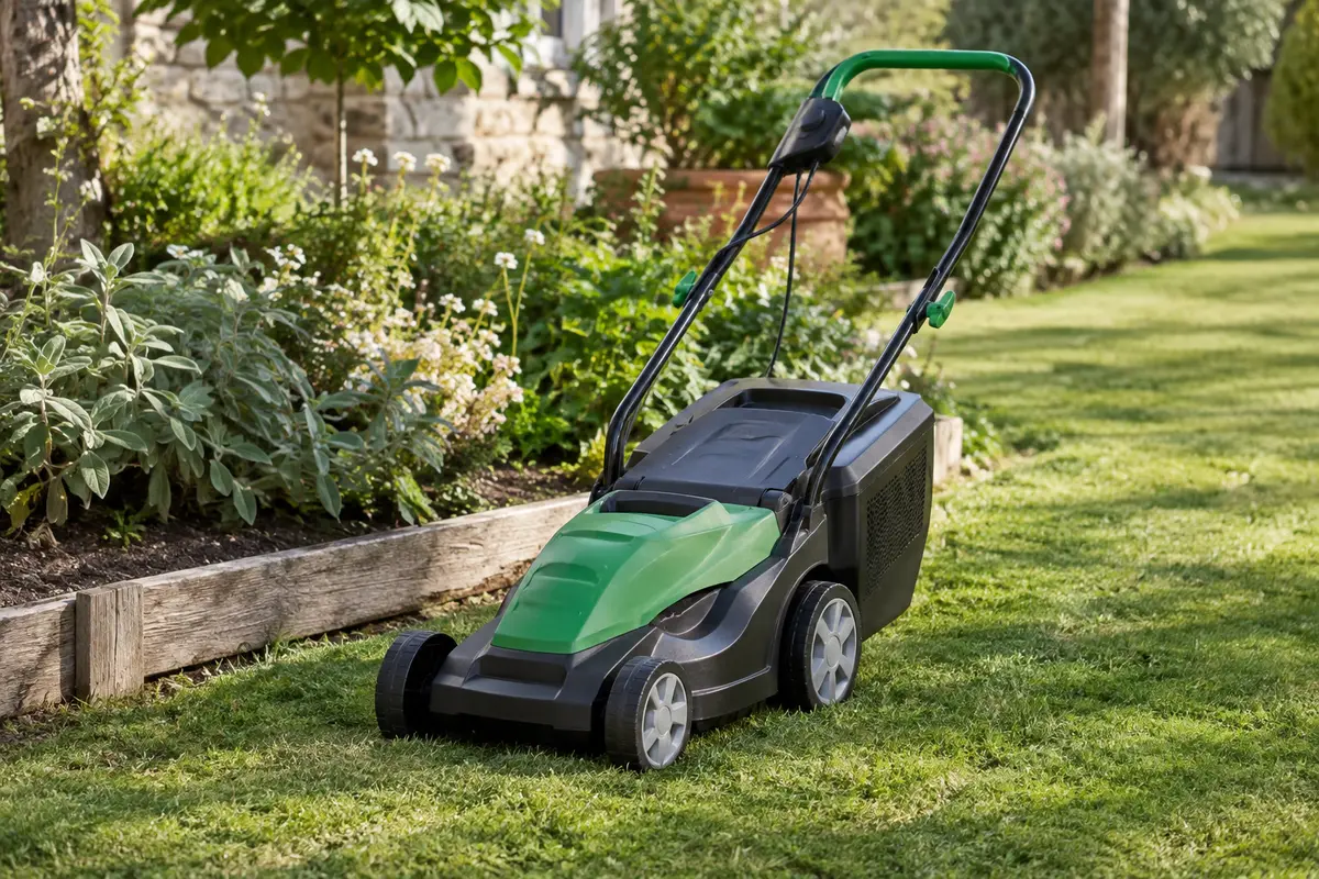 Tondeuse électrique poussée noire et verte avec bac, posée sur une pelouse dans un jardin de printemps.