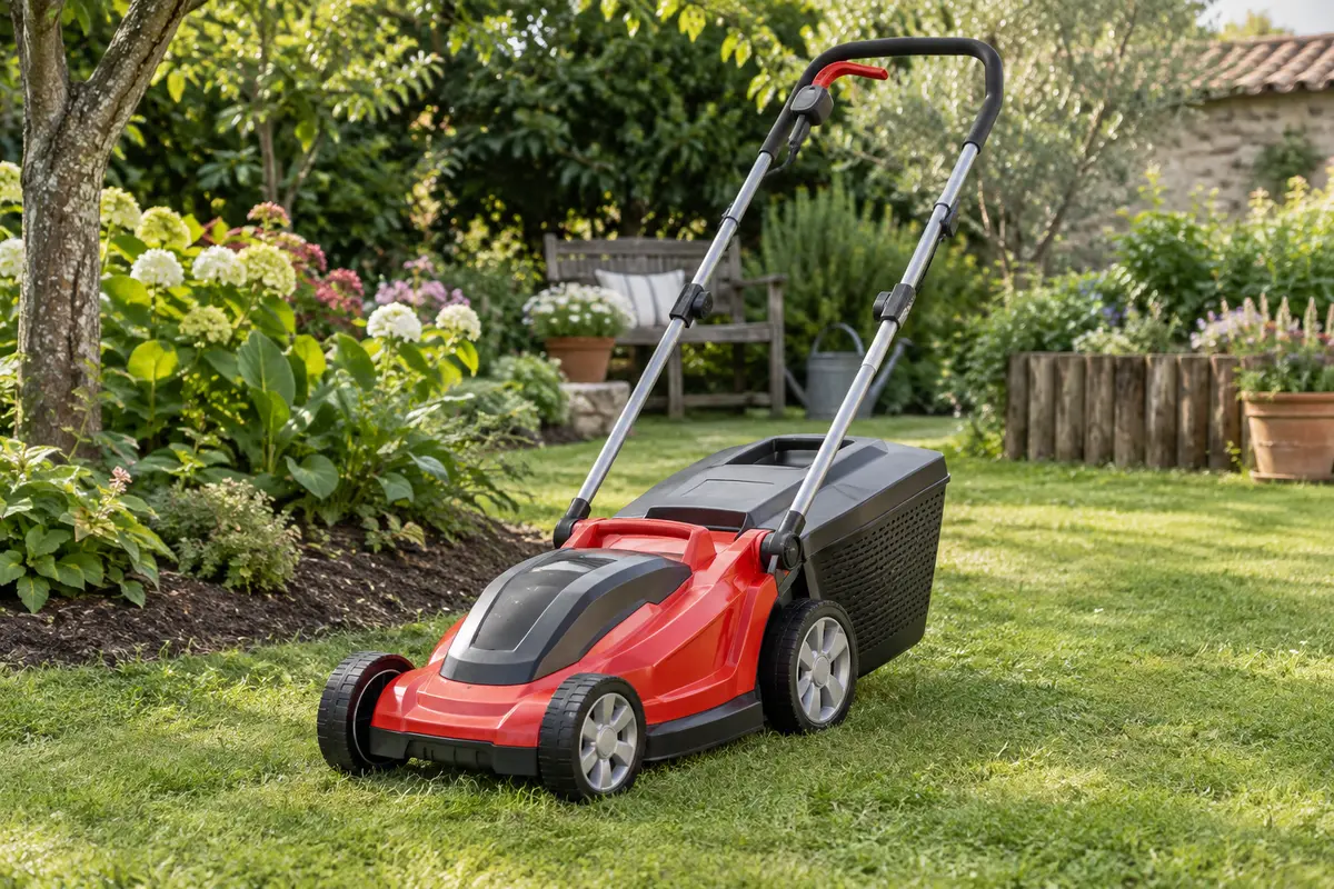 Tondeuse Ryobi rouge sans fil avec bac de 35 L posée sur une pelouse dans un jardin français