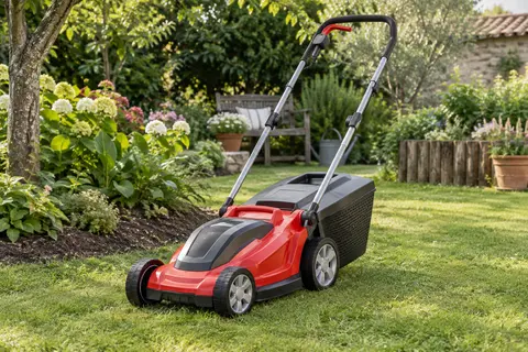 Tondeuse Ryobi rouge sans fil avec bac de 35 L posée sur une pelouse dans un jardin français