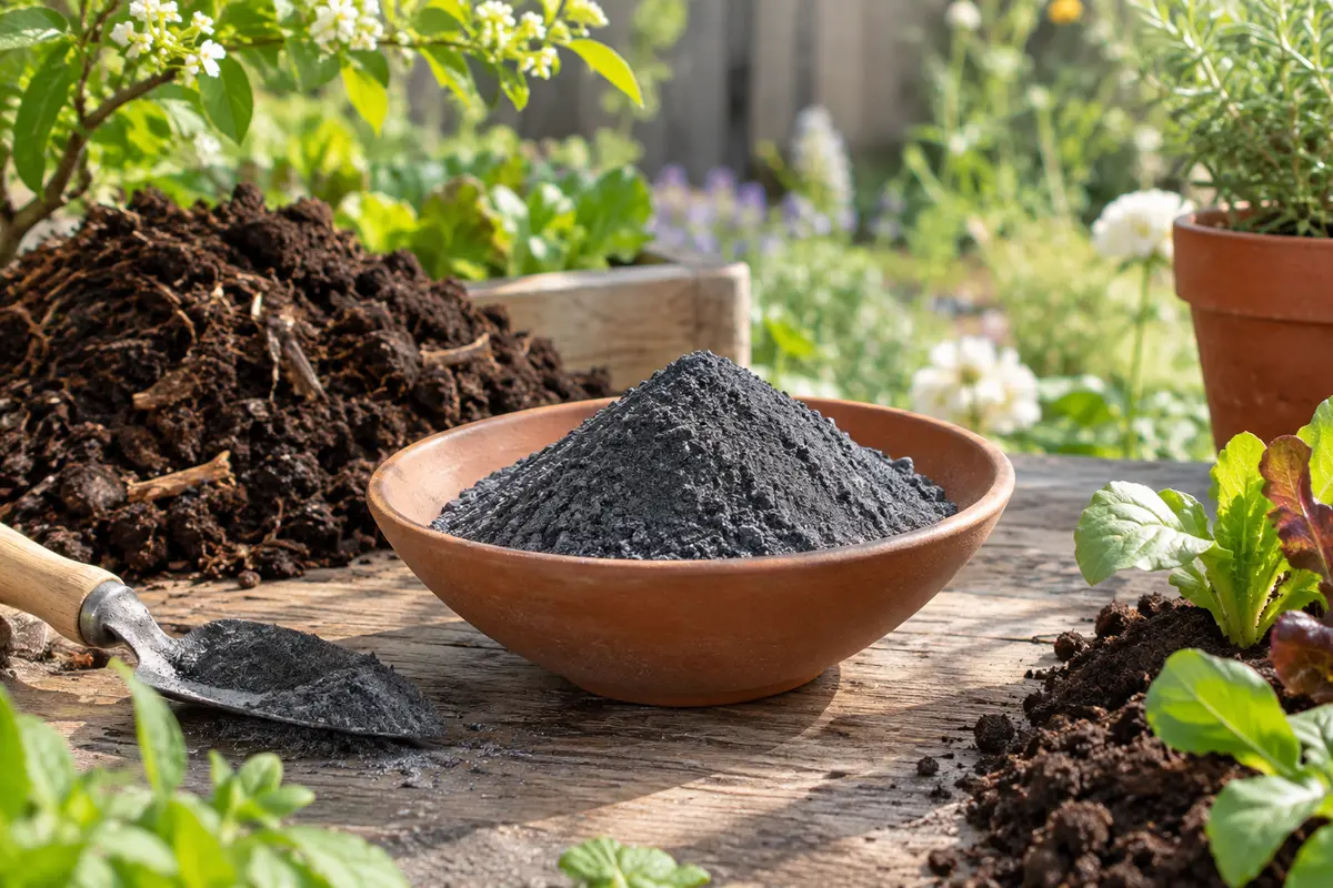 Poudre fine de diabase près de terre sombre et de compost dans un jardin printanier