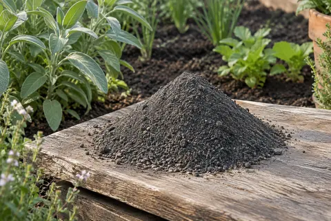 Poudre de roche volcanique de diabase gris foncé déposée près d’une parcelle de potager