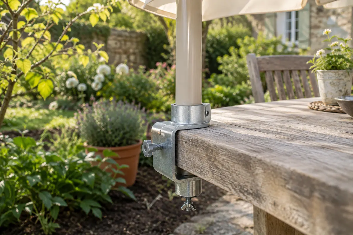 Pince de table Schneider en acier argent fixée au bord d’une table de jardin avec une tige de parasol.