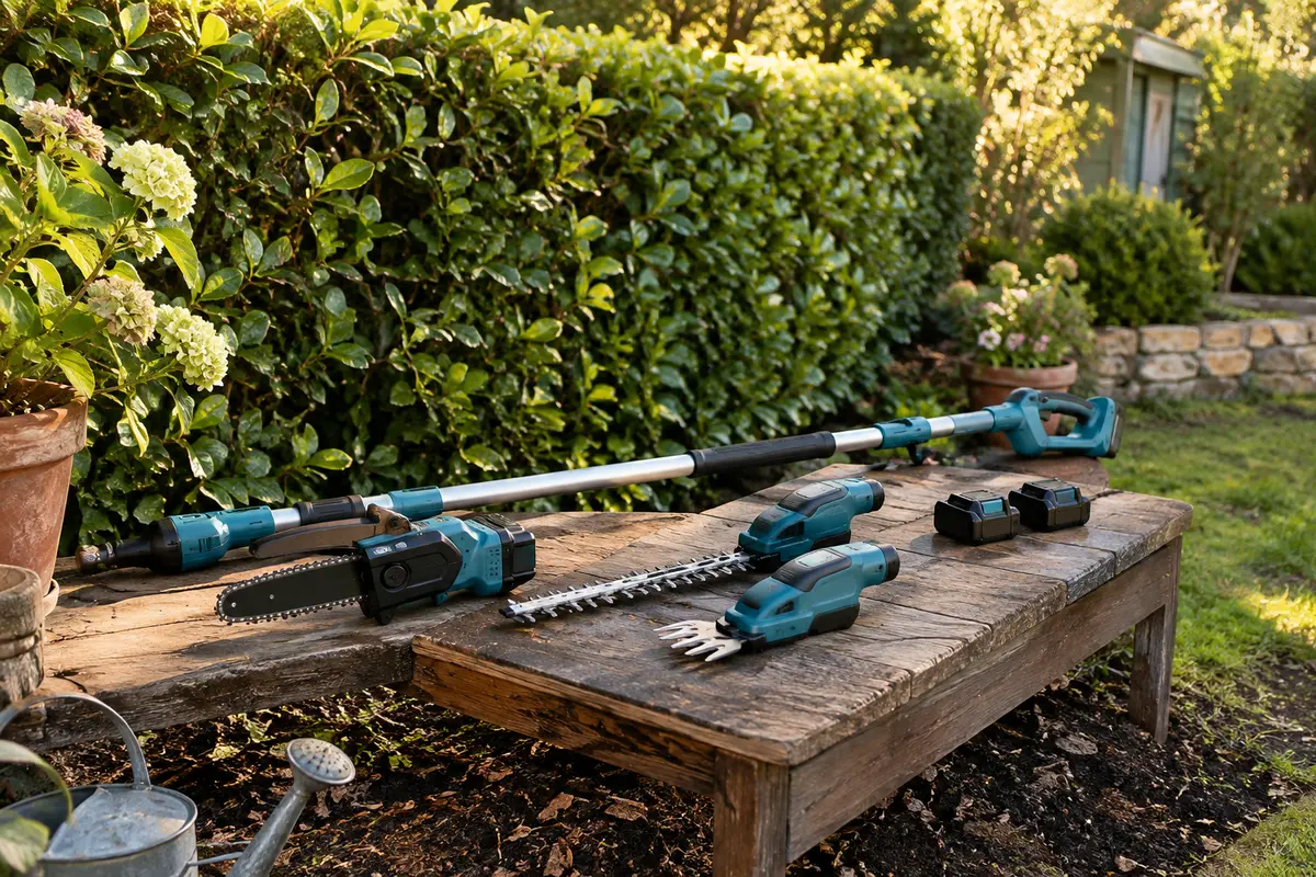 Kit de taille sans fil avec perche télescopique, mini-tronçonneuse, têtes de coupe et batteries dans un jardin