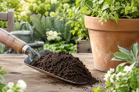 Terreau universel à granulométrie moyenne-fine près d’un pot en terre cuite dans un jardin