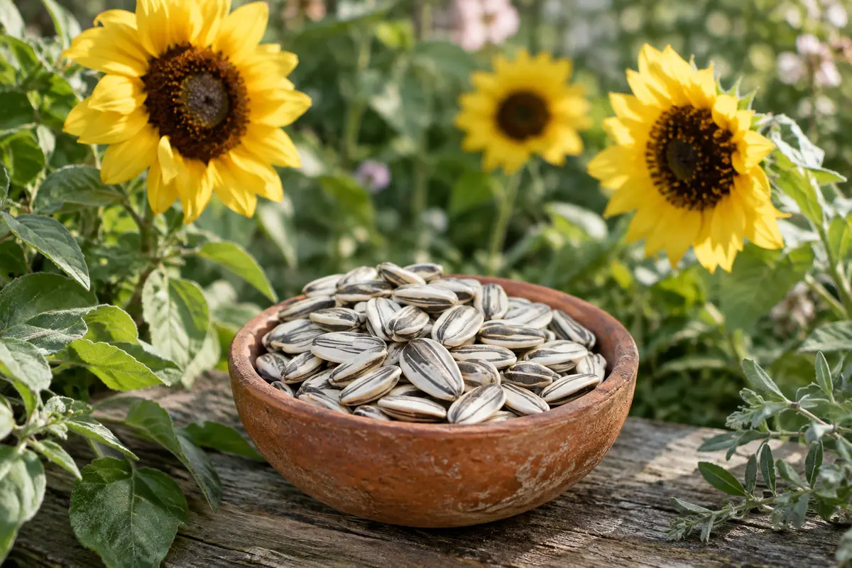 Graines de tournesol à coque blanche rayée présentées dans une coupelle en terre cuite au jardin