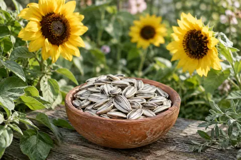Graines de tournesol à coque blanche rayée présentées dans une coupelle en terre cuite au jardin