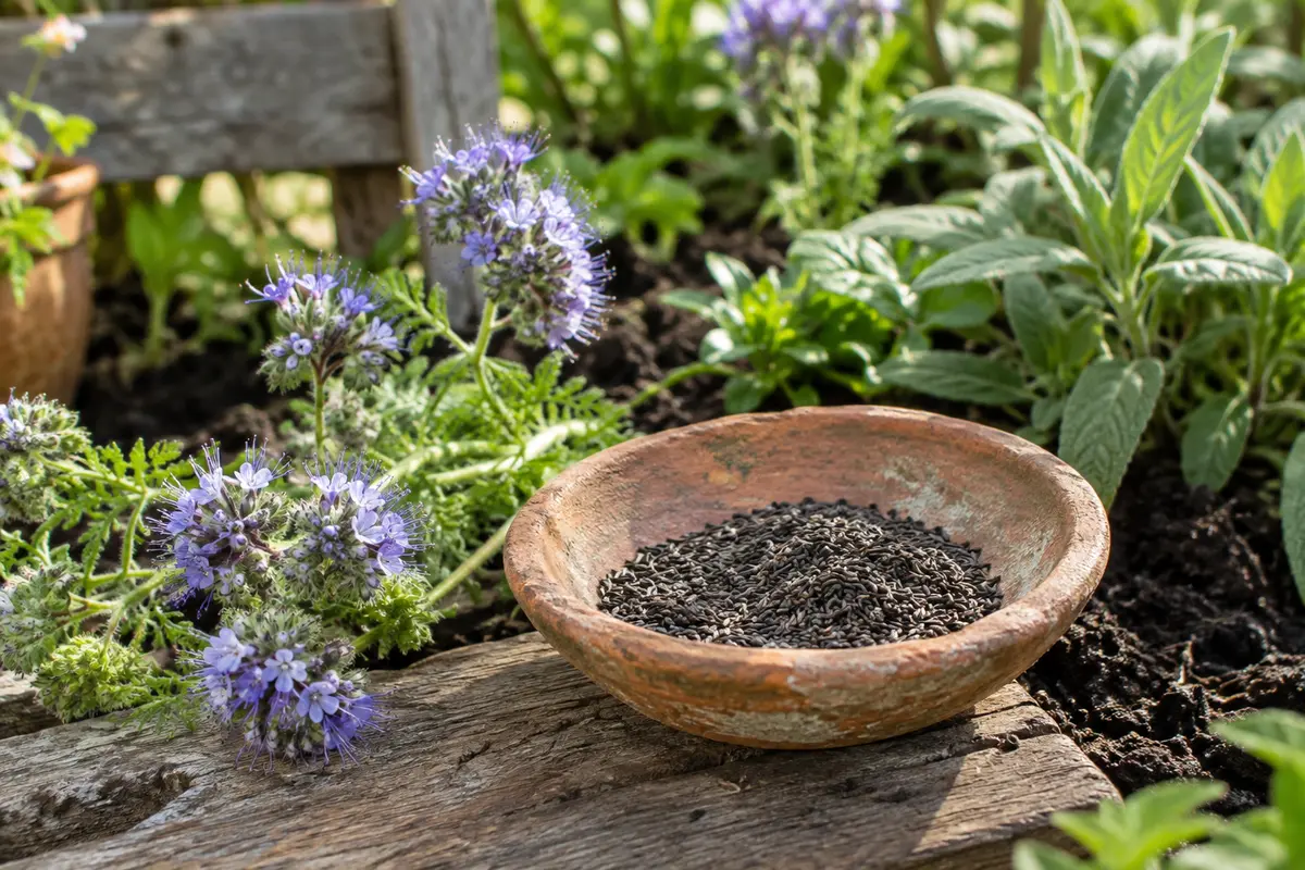 Graines de phacélie dans une coupelle en terre cuite, avec des fleurs bleues au potager