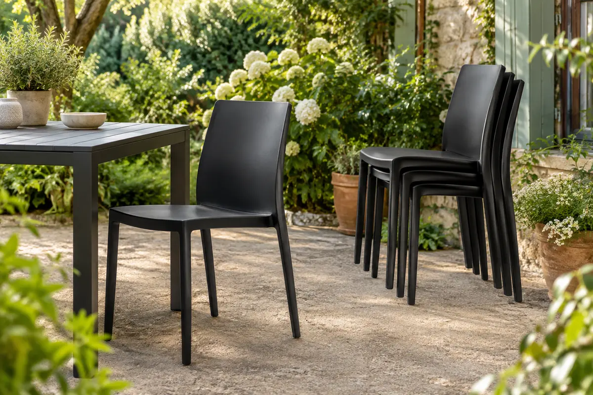 Quatre chaises Anna noires en résine, dont une près d’une table et les autres empilées dans un jardin.