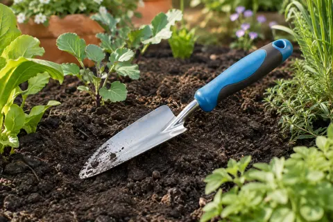 Transplantoir bleu en aluminium poli avec poignée caoutchoutée, posé près de jeunes plants dans la terre.