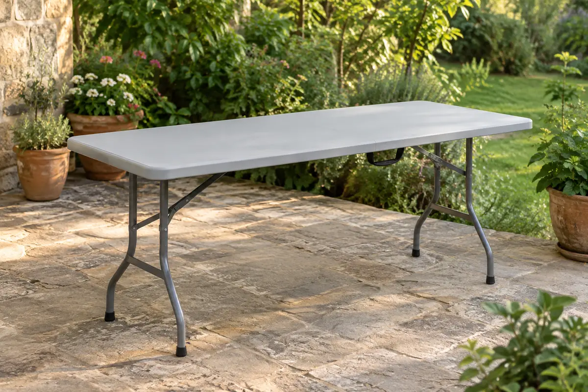 Table pliante rectangulaire gris clair dans un jardin, avec plateau épais et pieds pliants en acier