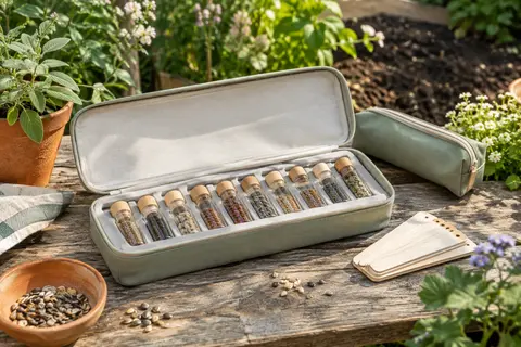 Boîte de rangement ouverte avec flacons en verre à bouchons en bois, support en mousse et étiquettes.