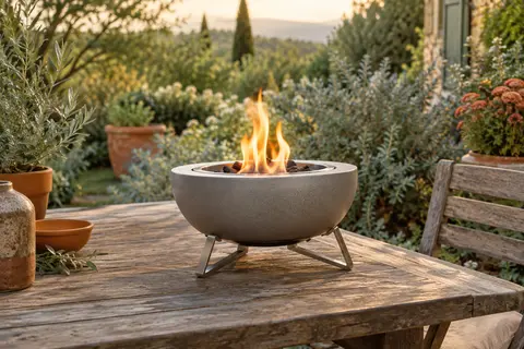 Brasero de table rond gris sur son support, posé sur une table en bois dans un jardin verdoyant.