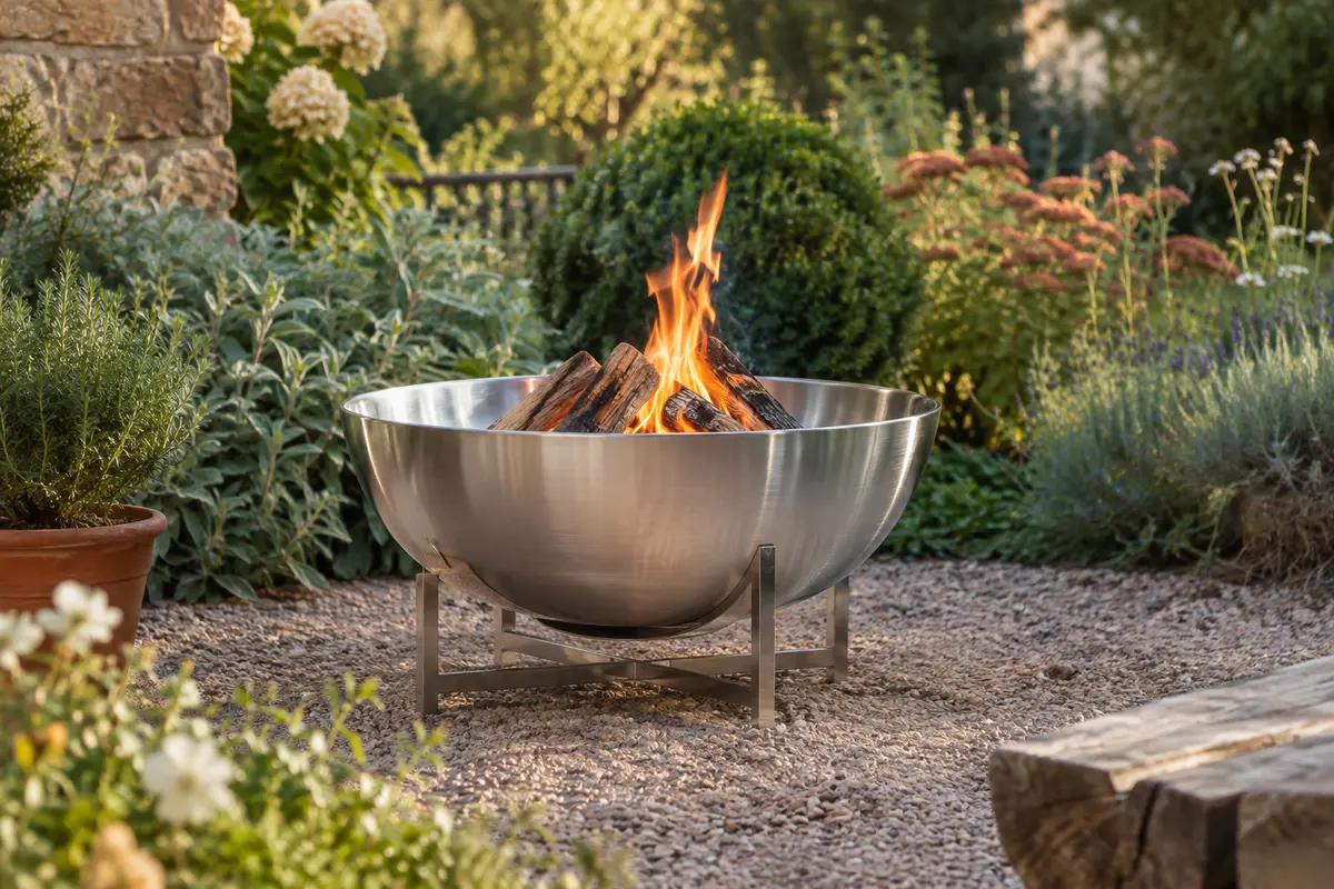 Brasero rond argenté en acier inoxydable avec support, installé dans un jardin aux matières naturelles.