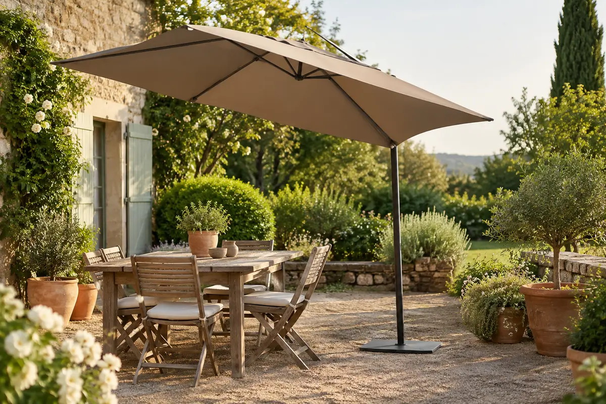 Parasol rectangulaire taupe SONGMICS incliné sur une terrasse de jardin avec mobilier en bois et feuillage