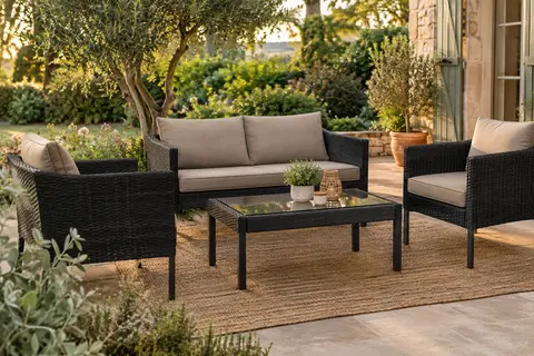Salon de jardin SONGMICS noir tressé avec canapé, deux fauteuils, coussins taupe et table en verre