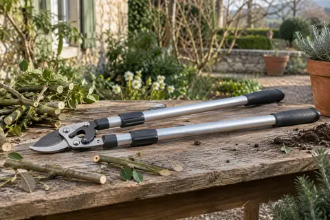Coupe-branches télescopique à enclume avec manches en aluminium posé sur un établi de jardin