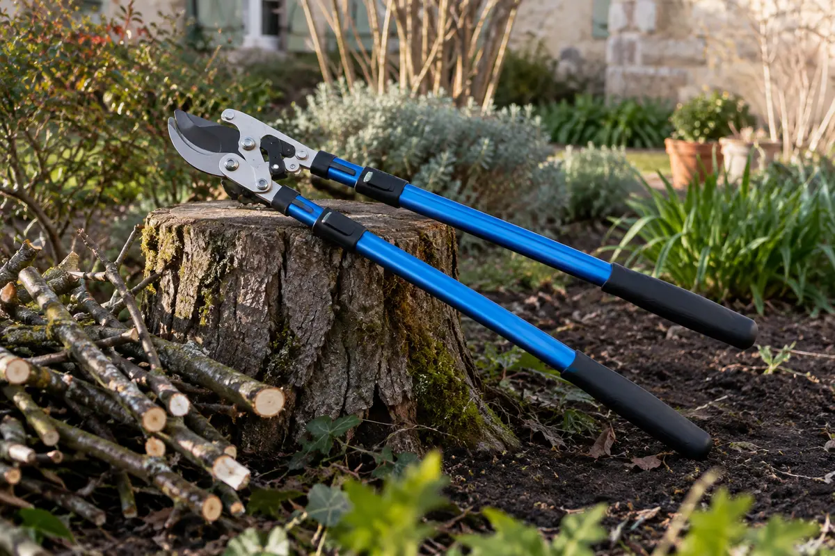 Ébrancheur télescopique bleu à enclume et à cliquet posé près de branches taillées au jardin.