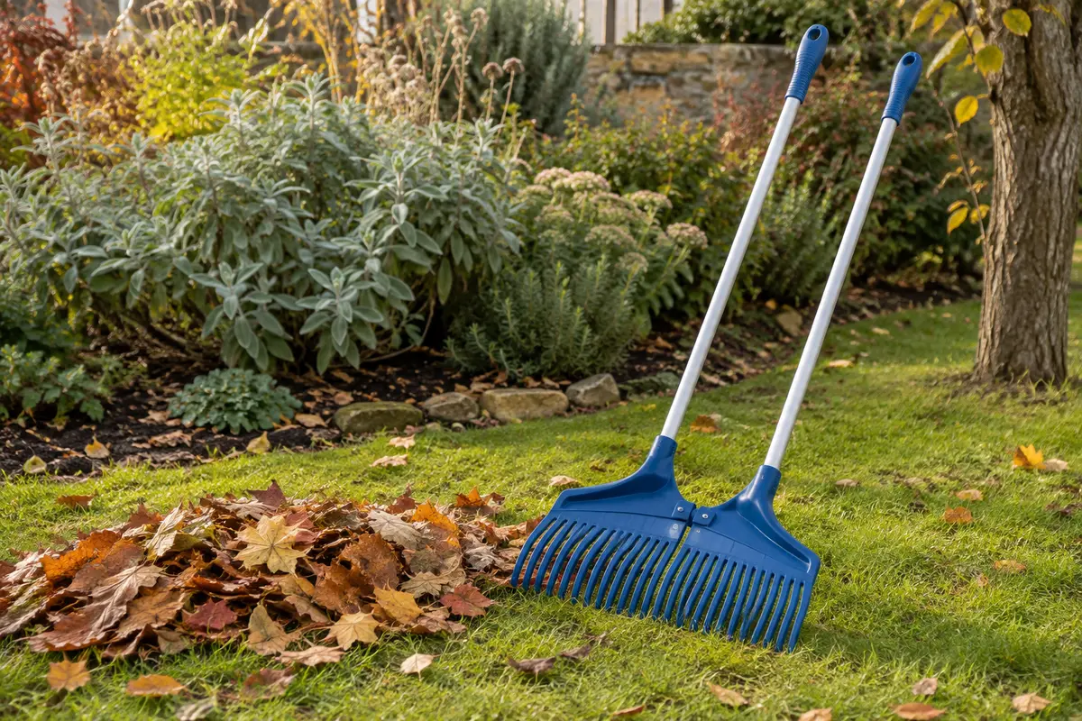 Ramasse-feuilles bleu en plastique posé près d’un tas de feuilles sur une pelouse