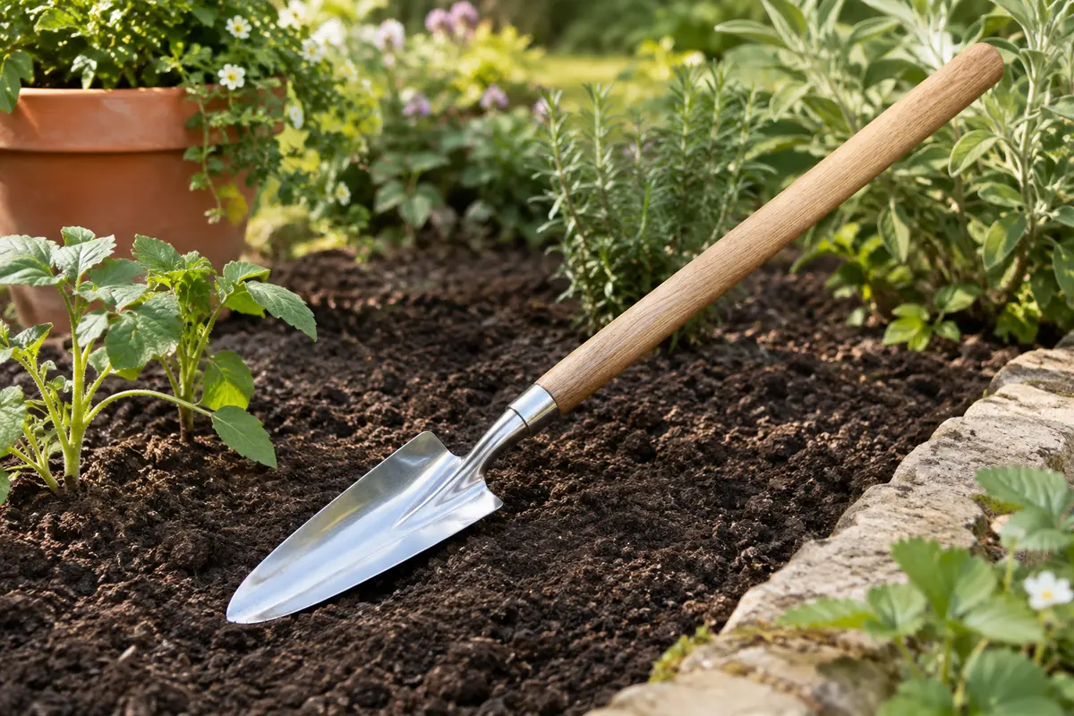 Transplantoir à tête en acier inoxydable poli et manche en bois posé dans une bordure de jardin