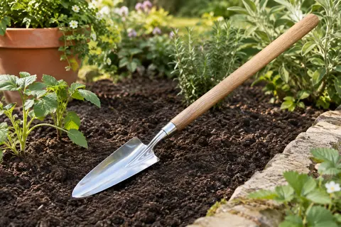 Transplantoir à tête en acier inoxydable poli et manche en bois posé dans une bordure de jardin