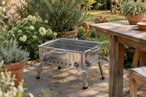 Barbecue compact à charbon en acier inoxydable, monté dans un jardin ensoleillé