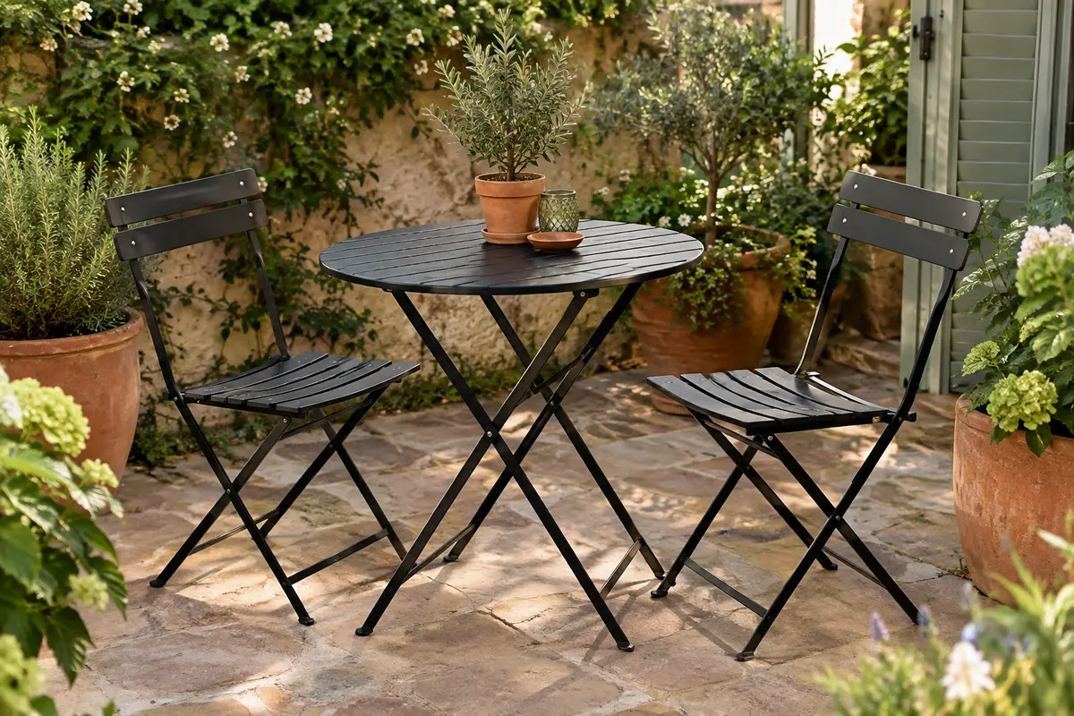 Ensemble bistrot noir pliant avec table ronde à lattes et deux chaises assorties dans un jardin.