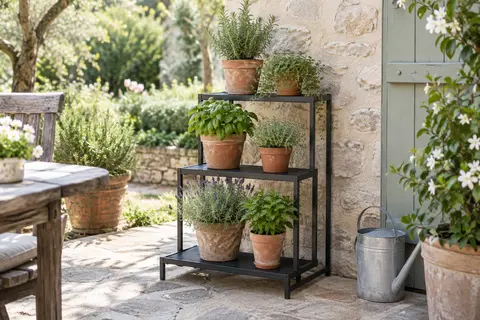 Étagère porte-plantes tectake noire à trois niveaux, garnie de pots sur une terrasse de jardin