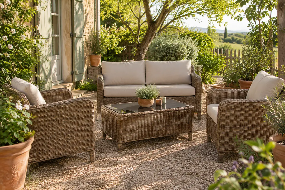 Salon de jardin marron en résine tressée avec canapé, deux fauteuils et table à plateau en verre