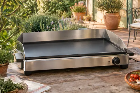 Plancha électrique inox grand format avec pare-vent amovible, posée sur une table en bois dans un jardin.