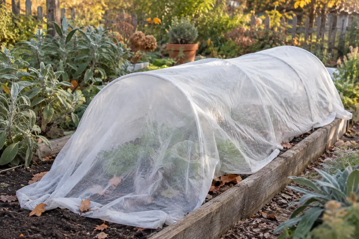 Voile d’hivernage blanc posé sur un tunnel de légumes dans un potager aux tons naturels.