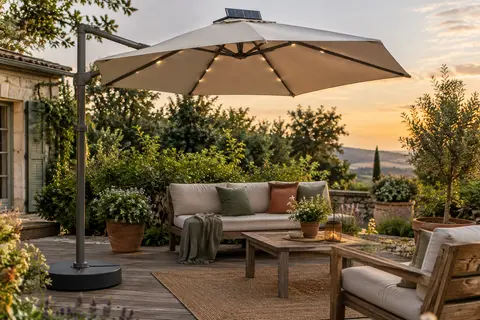 Parasol déporté hexagonal tillvex avec éclairage LED solaire installé sur une terrasse de jardin