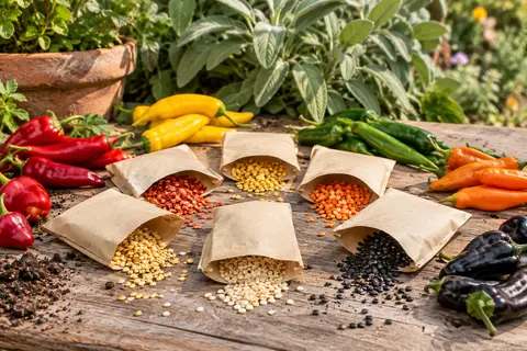 Sachets de graines de vingt variétés de piments présentés près de fruits colorés dans un jardin
