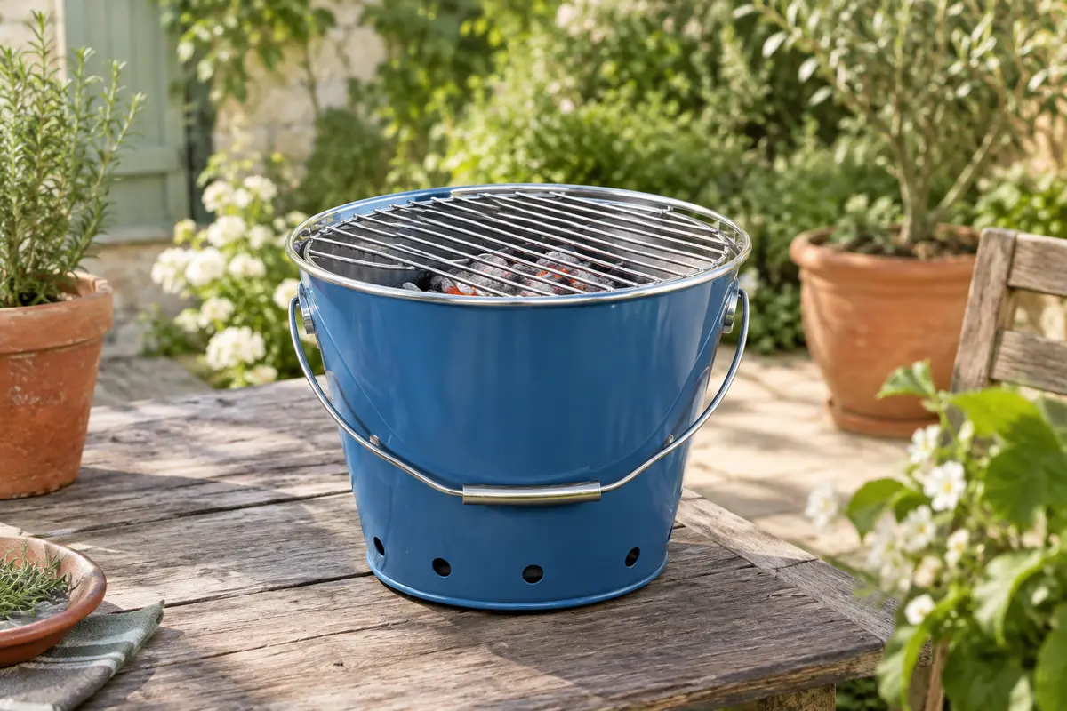 Petit barbecue seau bleu à charbon avec grille métallique, posé sur une table dans un jardin