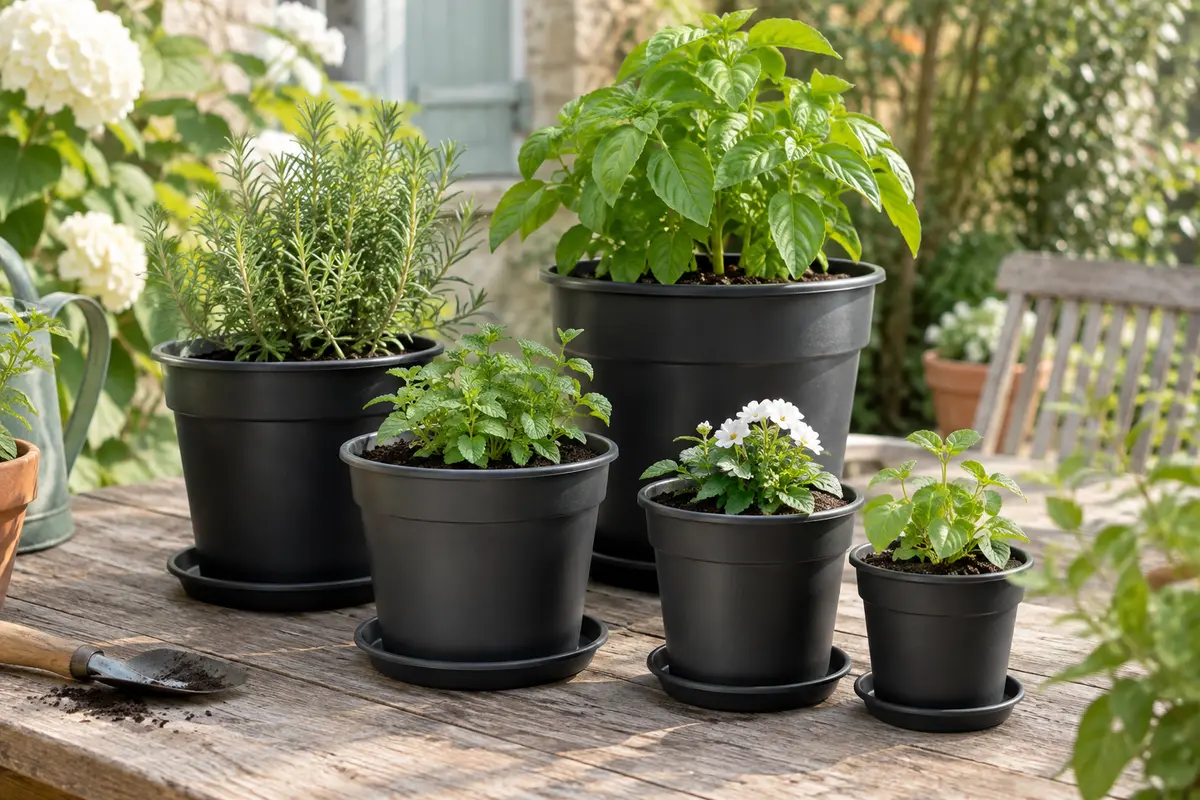 Cinq pots de fleurs ronds noirs de tailles différentes, avec leurs soucoupes assorties.