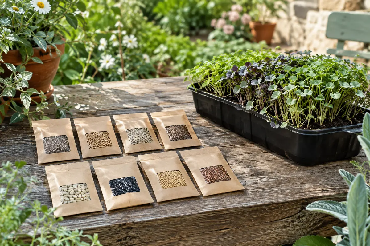 Assortiment de sachets de graines valeaf présenté près de jeunes micropousses sur une table en bois.