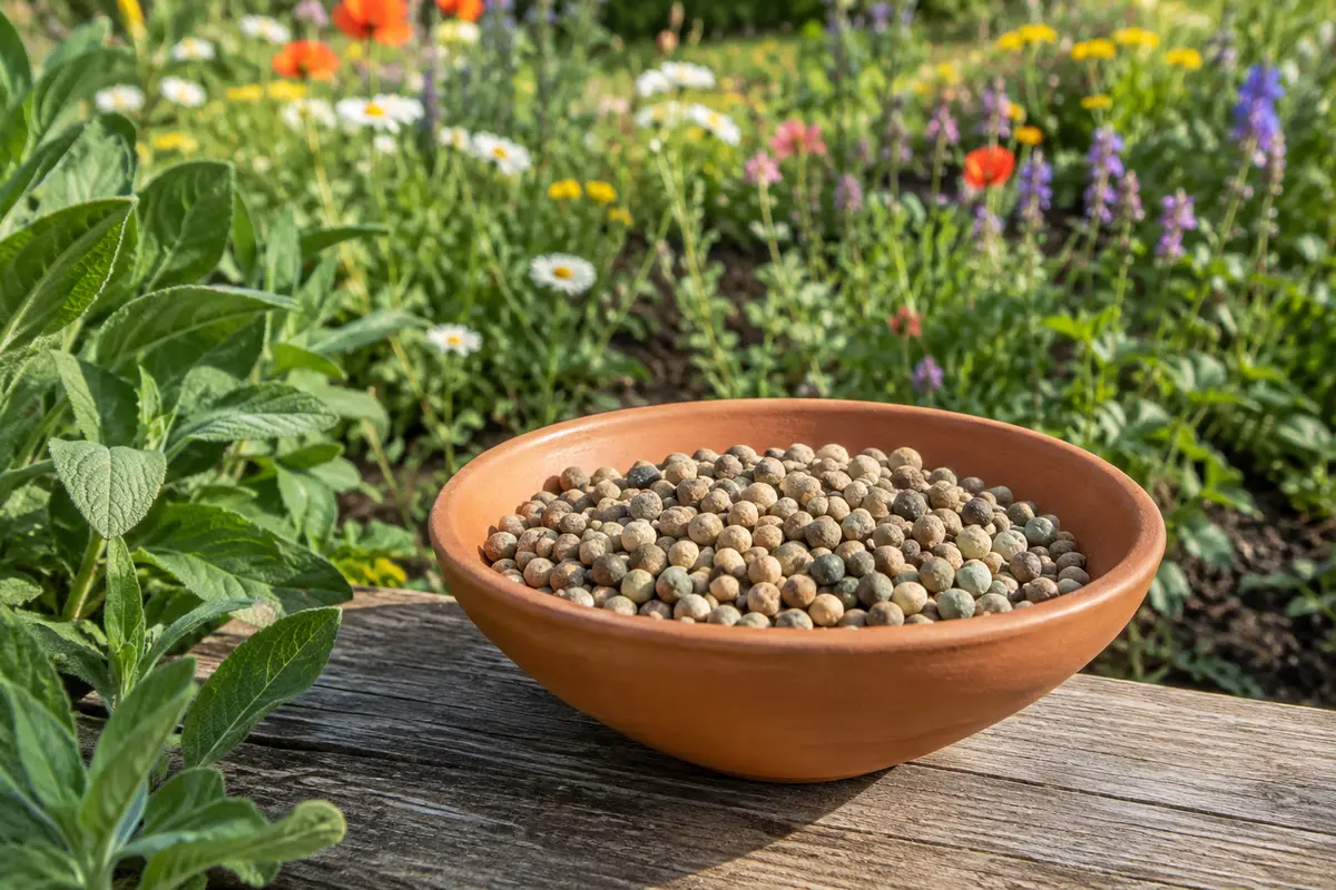 Graines enrobées d’argile devant une prairie de fleurs sauvages colorées dans un jardin