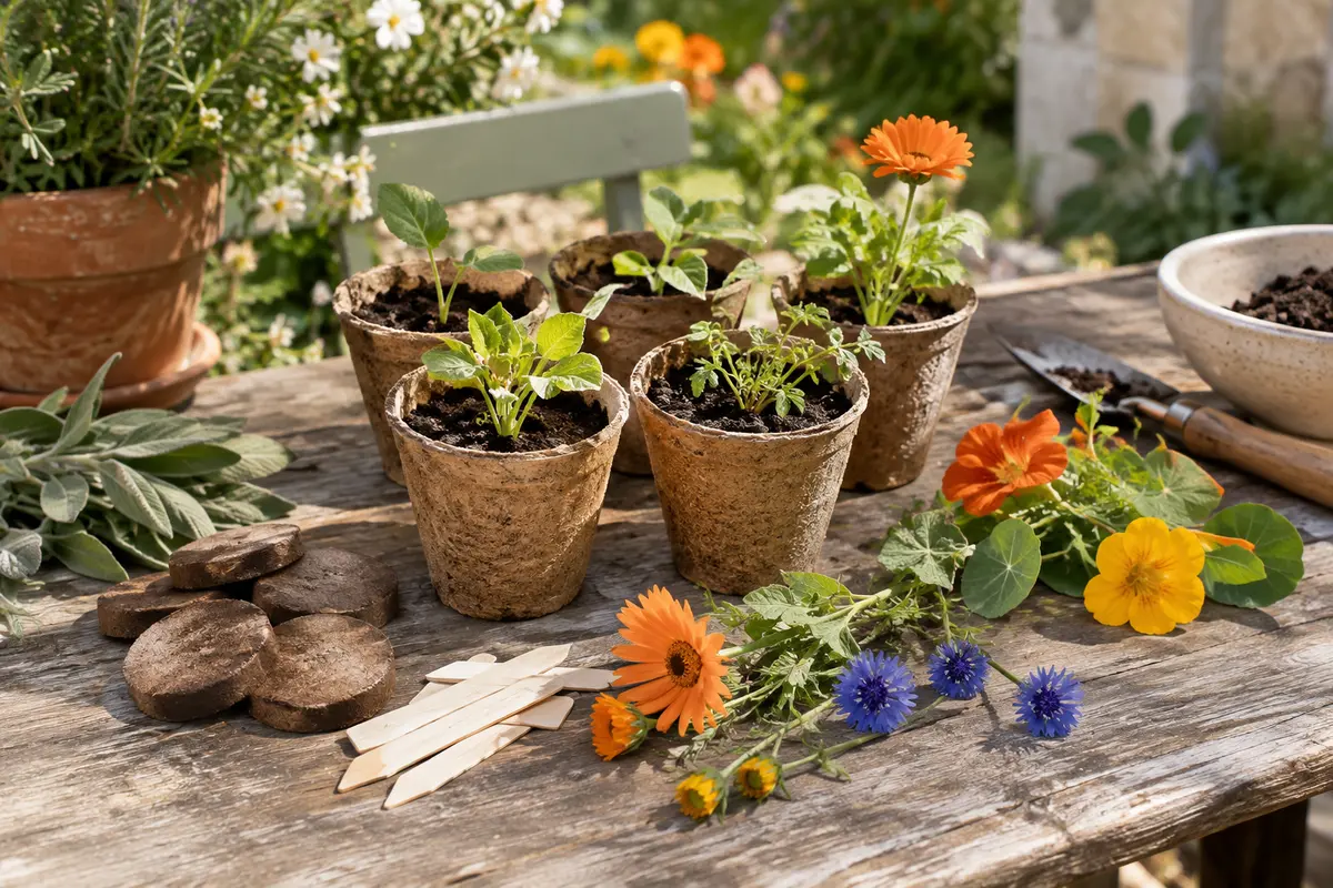 Kit de semis avec pots biodégradables, jeunes pousses et fleurs comestibles sur une table en bois