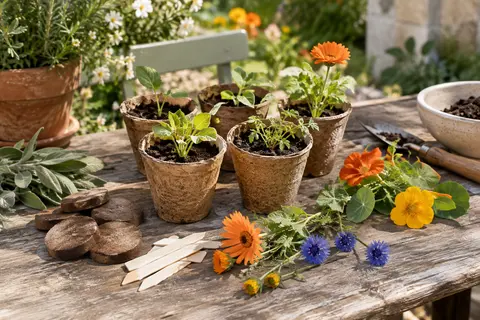Kit de semis avec pots biodégradables, jeunes pousses et fleurs comestibles sur une table en bois