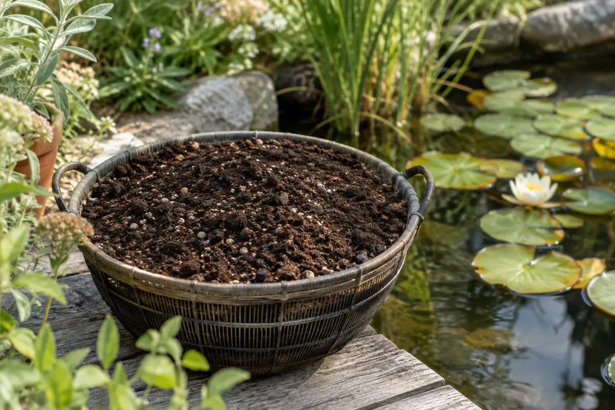 Terreau aquatique brun dans un panier de plantation au bord d’un bassin avec des feuilles de nénuphar.